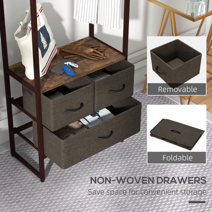 HOMCOM Clothes Hanging Rail with 3 Fabric Drawers Storage Shelves for Hallway