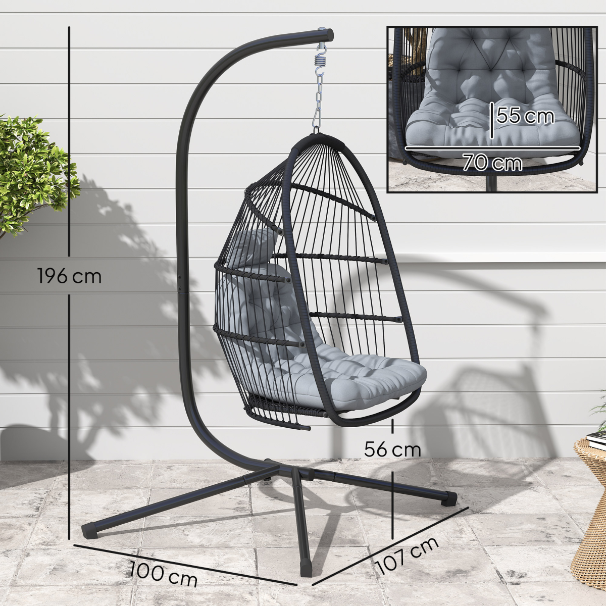 Outsunny Rattan Hanging Egg Chair with Stand, Cushion, Dark Grey