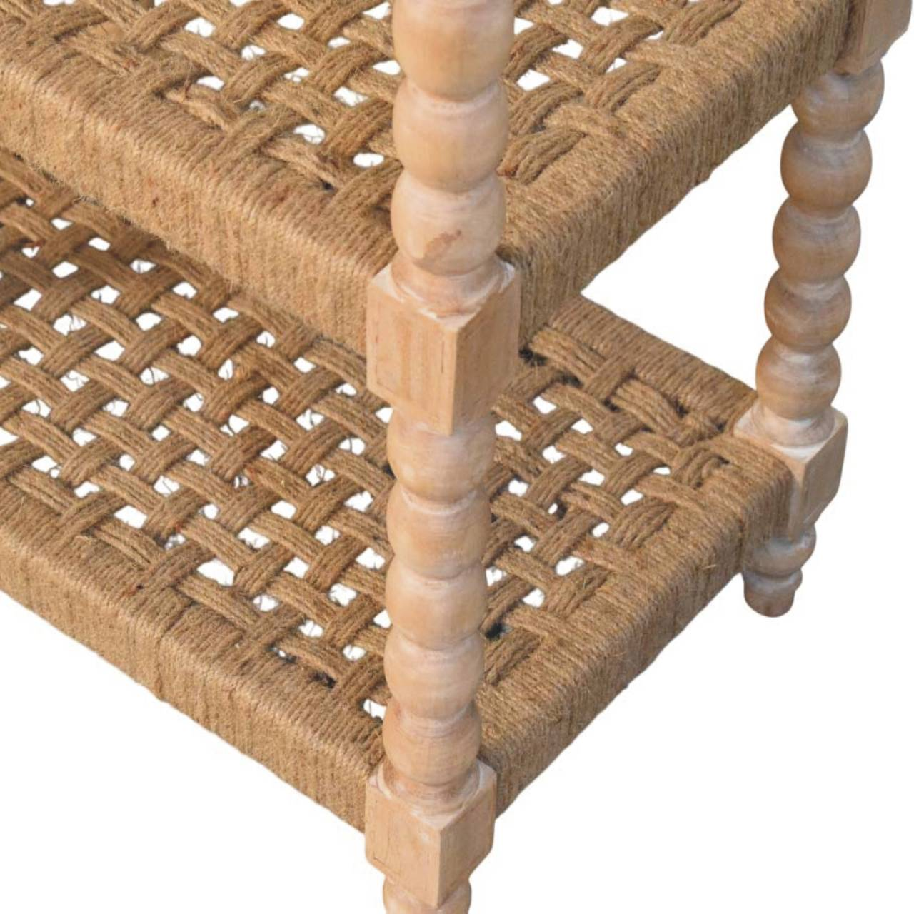 Artisan Furniture Solid Wood Savoy Bobbin Console with Jute Shelves, 2 Drawers, 4 Shelves, Beige
