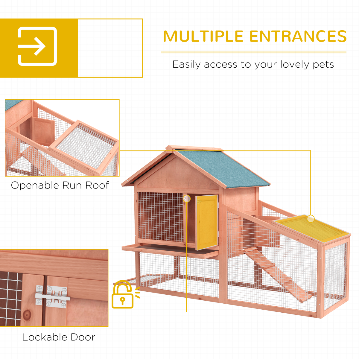 2 Tier Wood Rabbit Hutch Water Resistant Asphalt Roof Ramp 144 x 64.5 x 100 cm