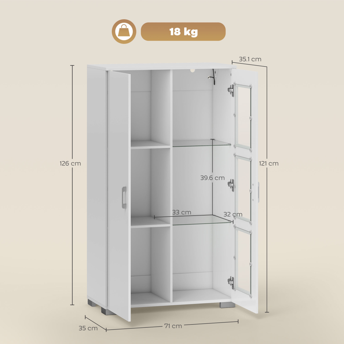 HOMCOM Display Cabinet with Glass Shelves, Sideboard for Living Room, White