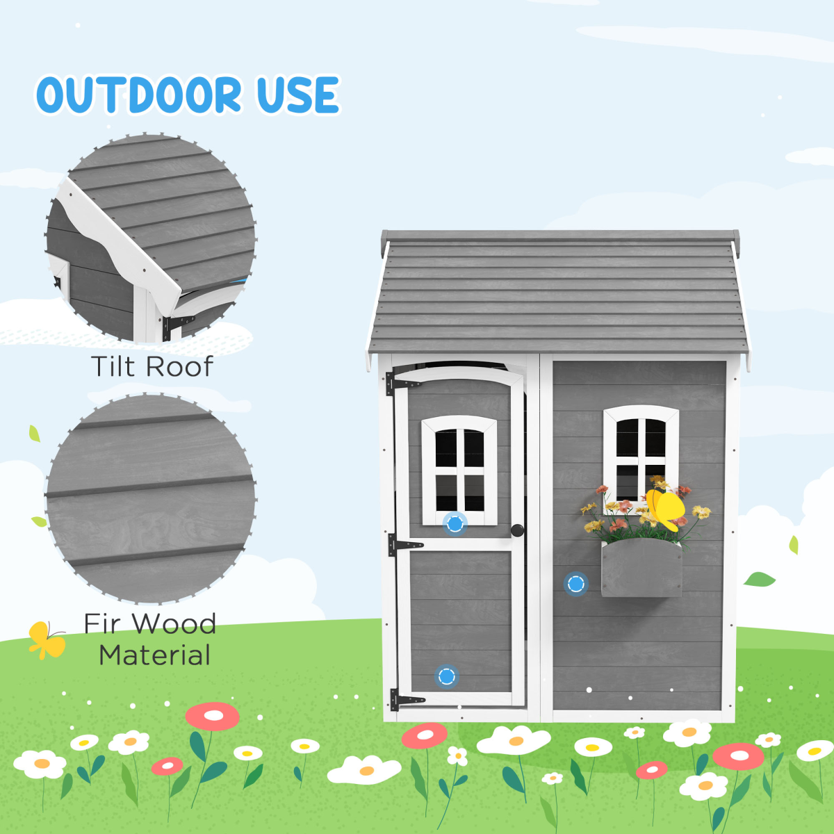 Outsunny Wooden Wendy House for Kids with Floor, for Gardens, Patios - Grey