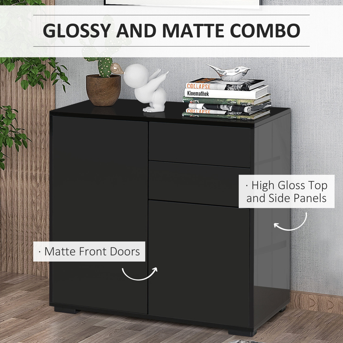 Side Cabinet with 2 Door Cabinet and 2 Drawer for Home Office Black