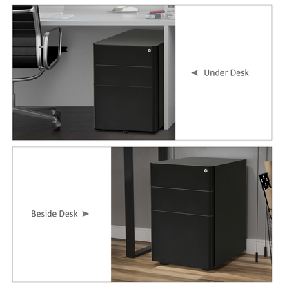 3 Draw Metal Filing Cabinet Lockable 4 Wheel Compact Under Desk Black Vinsetto