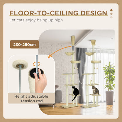 6-Tier Floor to Ceiling Cat Tree with Scratching Post, Bed, Hammock, Beige
