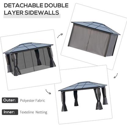 4x3.6m Aluminium Hardtop Gazebo Canopy w/ Polycarbonate Top, Curtains Outsunny