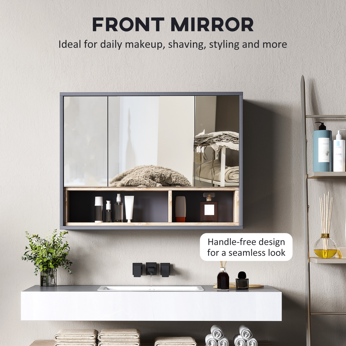 HOMCOM Bathroom Cabinet Wall Mounted Mirror Storage with Shelves Grey