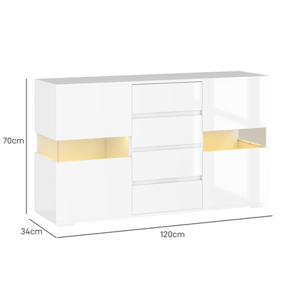 HOMCOM LED Sideboard, High Gloss Storage Cabinet with 4 Drawers, White