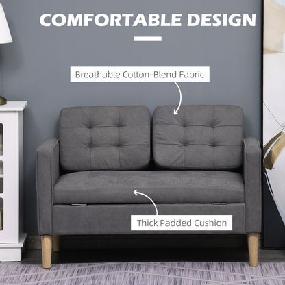 HOMCOM Compact Loveseat Sofa 2 Seater Sofa with Storage and Wood Legs Grey
