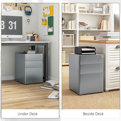 Vinsetto 3 Drawer Metal Filing Cabinet Lockable 5 Wheels Compact Under Desk Grey