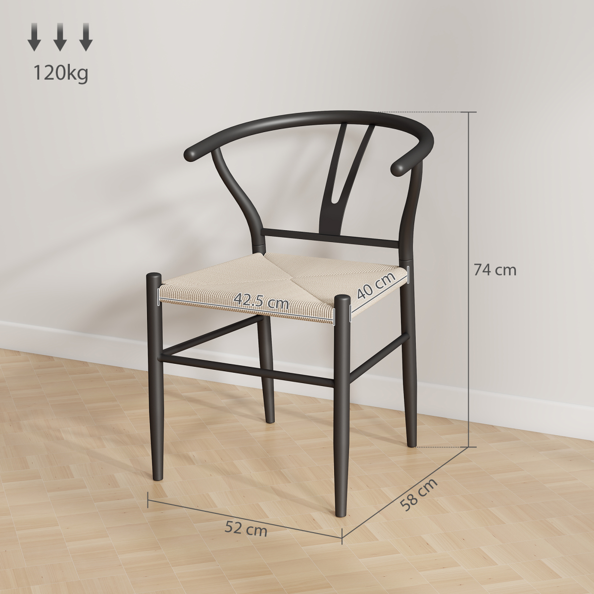 HOMCOM Weave Dining Chairs Set of 2 with Y-Shaped Backrest Hemp Seat Black