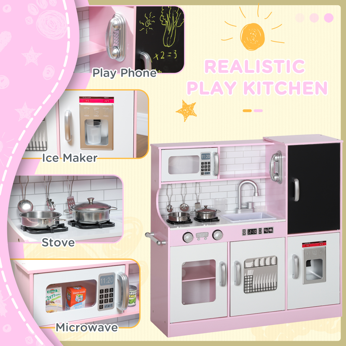 AIYAPLAY Play Kitchen, Pretend Toy Kitchen w/ Toy Phone, Chalkboard, Sink