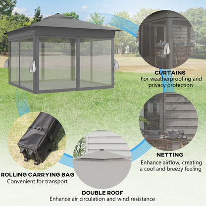 Outsunny 3x3(m) Pop Up Gazebo w/ Solar-Powered LED Lights Curtain Netting Grey