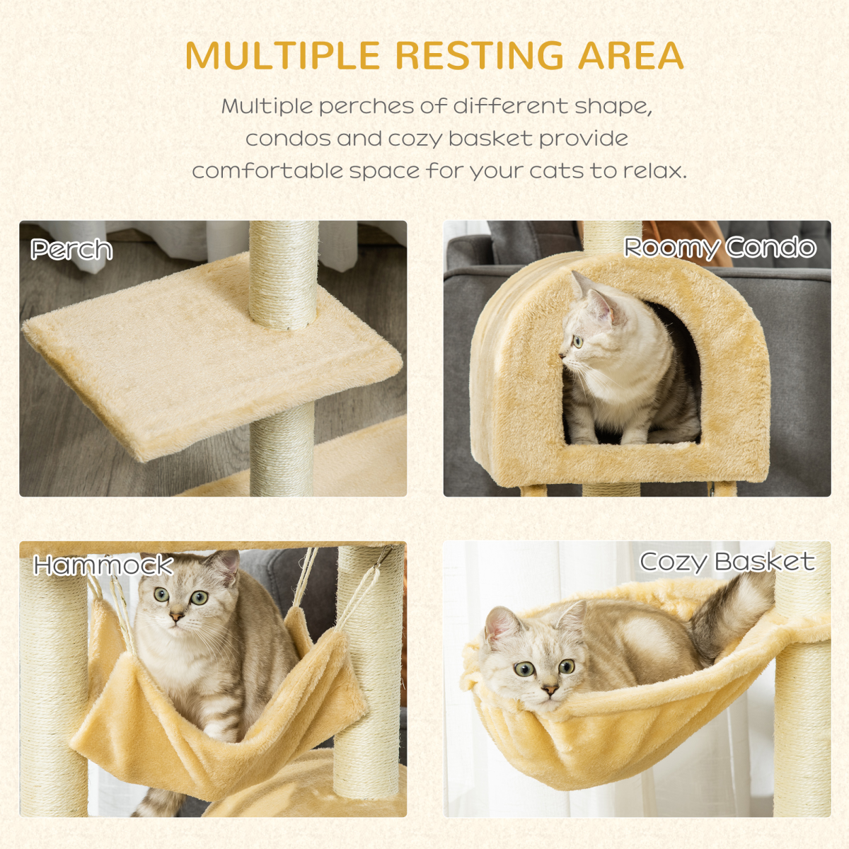 Cat Tree for Indoor Cats Scratching Post w/ Hammock House Bed Basket Pawhut