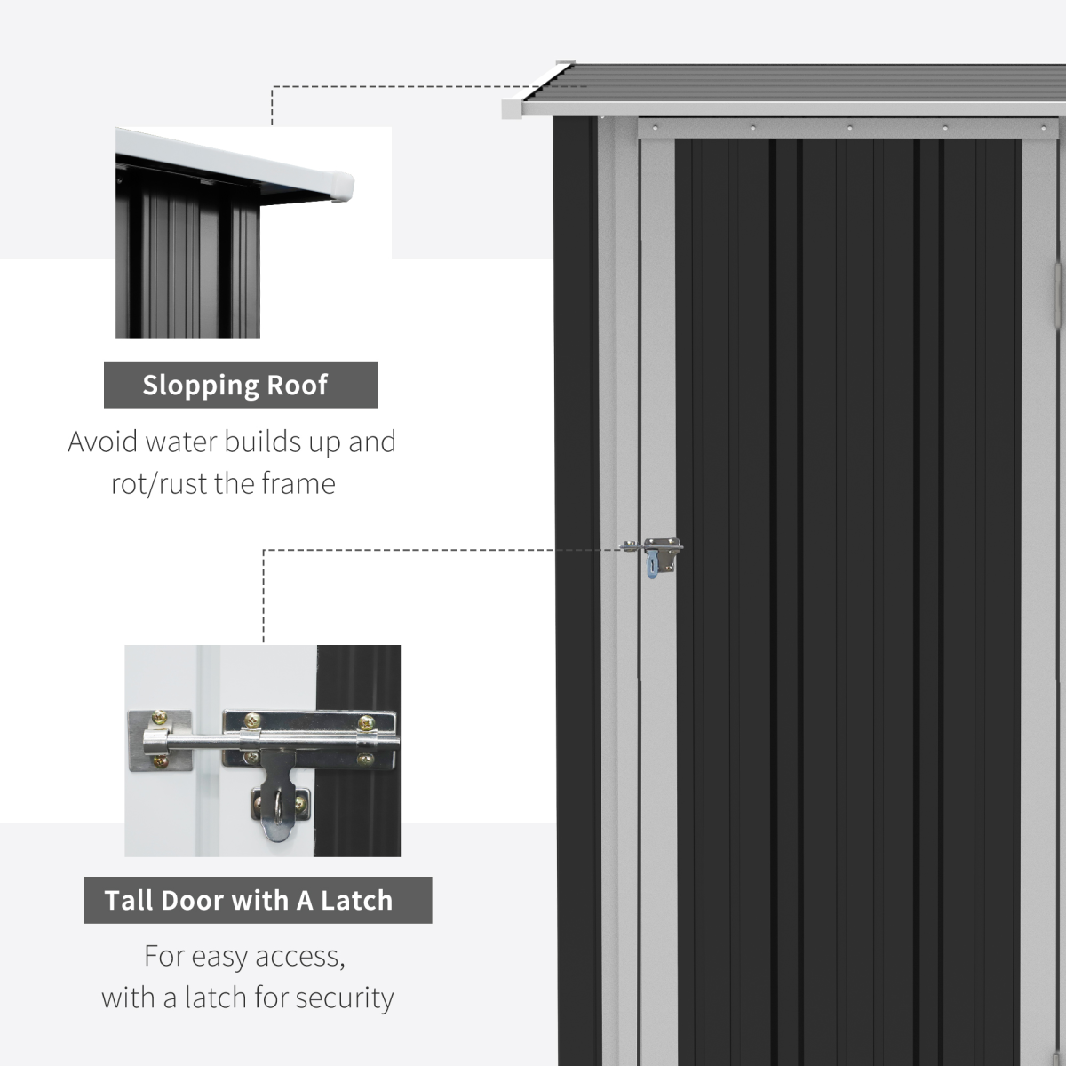 Garden Storage Shed, Sloped Roof, Lockable Door Grey, 142 x 84 x 189cm