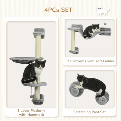 PawHut Cat Wall Furniture with Hammock, Perches, Ladder, Scratching Post, Grey