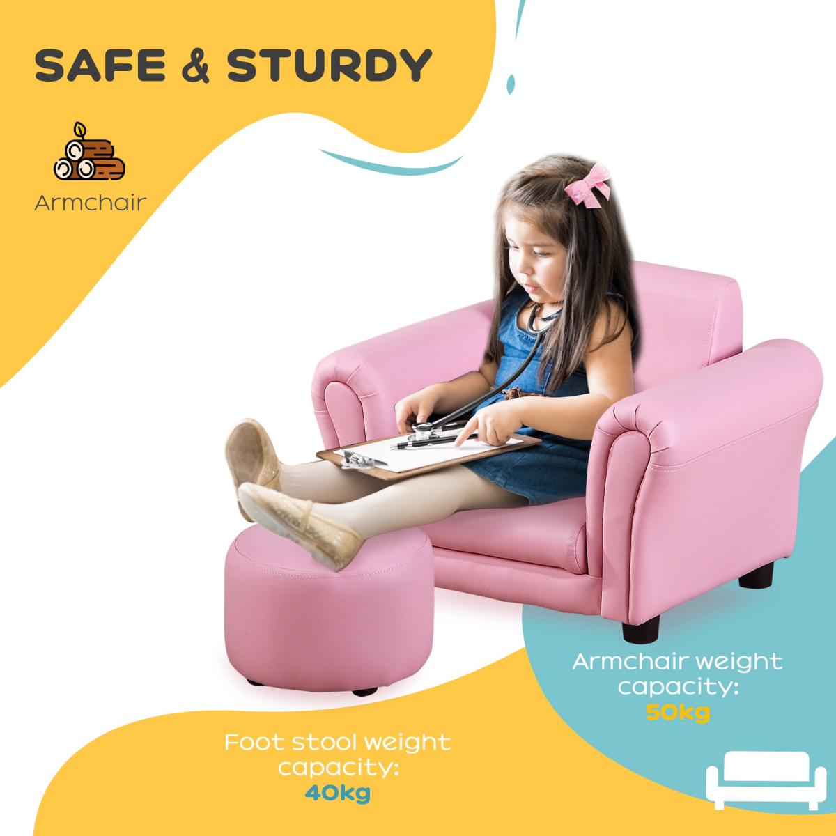 Kids Sofa Children Chair Seat Armchair W/Footstool Playroom Bedroom Pink