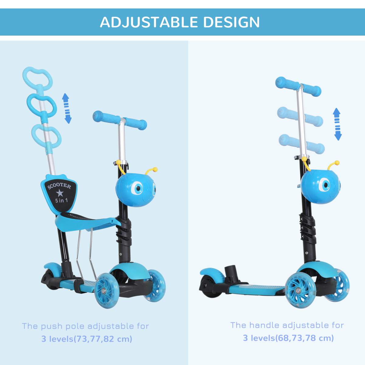HOMCOM 5-in-1 Kids Kick Scooter 3-wheel Walker w/ Removable Seat Adjustable