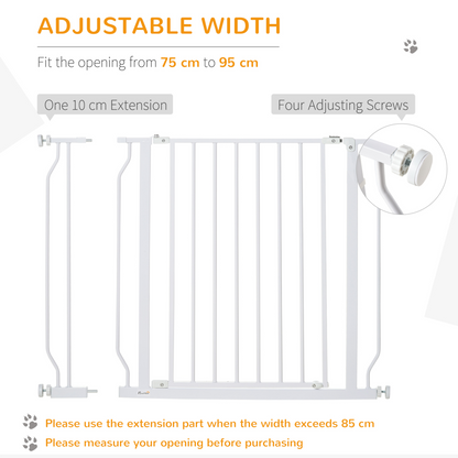 PawHut Dog Gate Wide Stair Gate with Door Pressure Fit, 75-95W cm, White