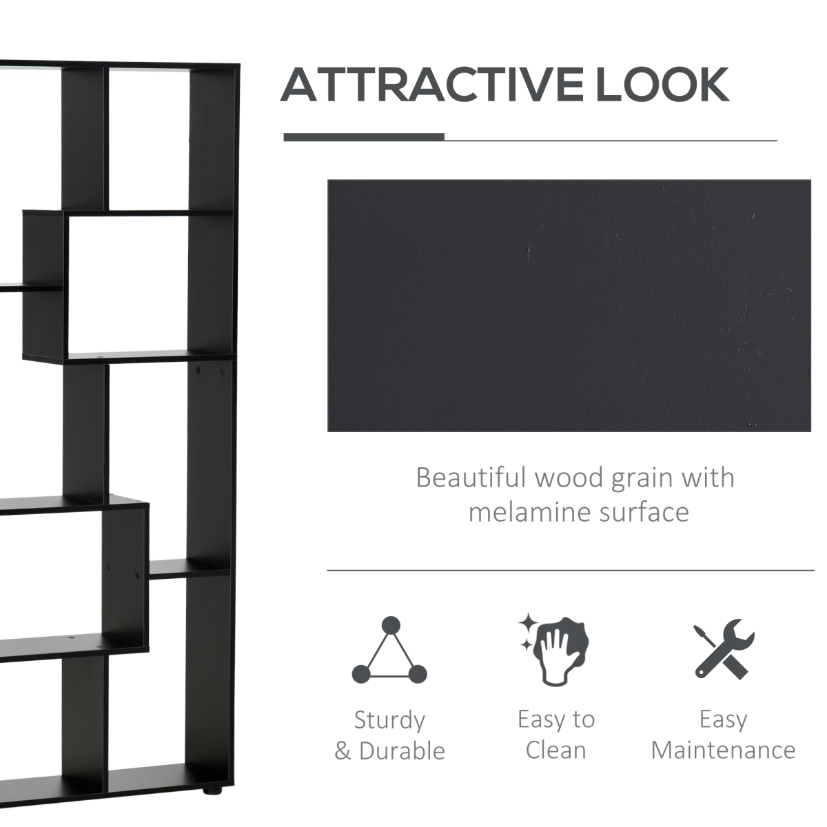 178cm 8-Shelf Bookcase w/ Melamine Surface Foot Pads Black Multipurpose 8-Grid