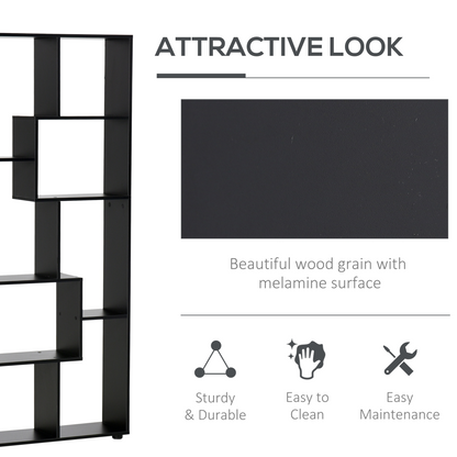 178cm 8-Shelf Bookcase w/ Melamine Surface Foot Pads Black Multipurpose 8-Grid