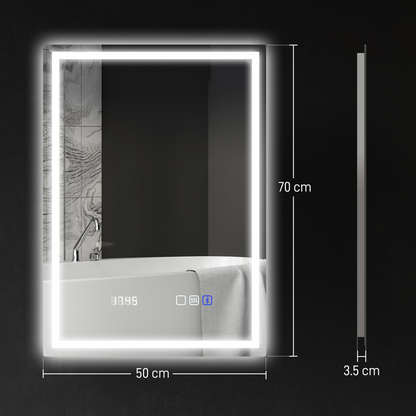 HOMCOM 500 x 700 mm Bathroom Mirror with Bluetooth Clock Lights Demister Pad