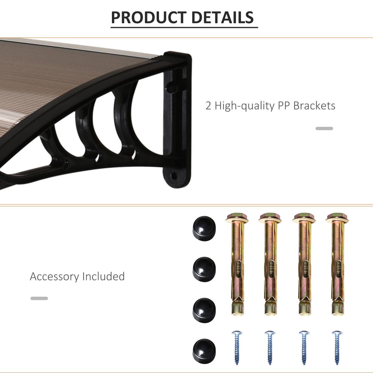 75 L x 120 W x 23 H cm Brown Polycarbonate Curved Awning w/ Black Bracket
