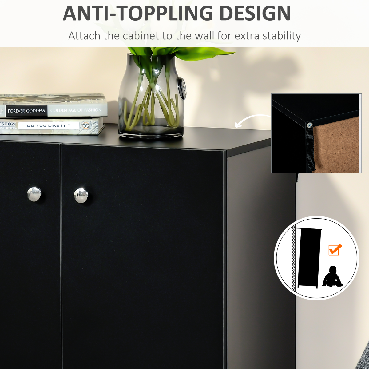 HOMCOM Freestanding Storage Cabinet w/ Two Shelves Wooden Sideboard - Black