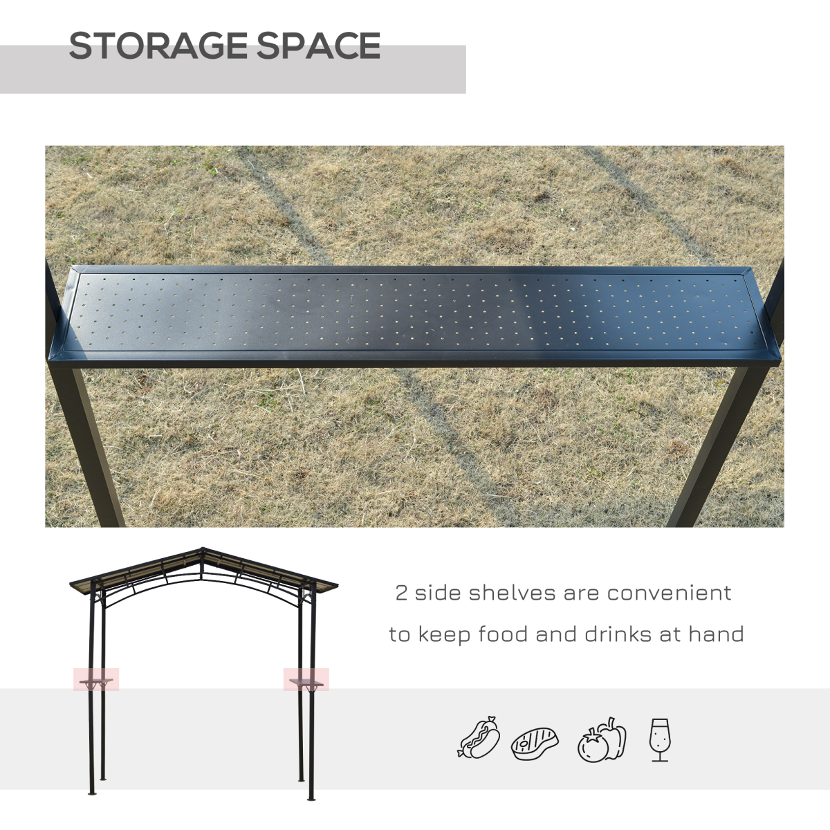 2.5x1.5m Grill Outdoor BBQ Gazebo Canopy & Side Shelves PC Roof Aluminium