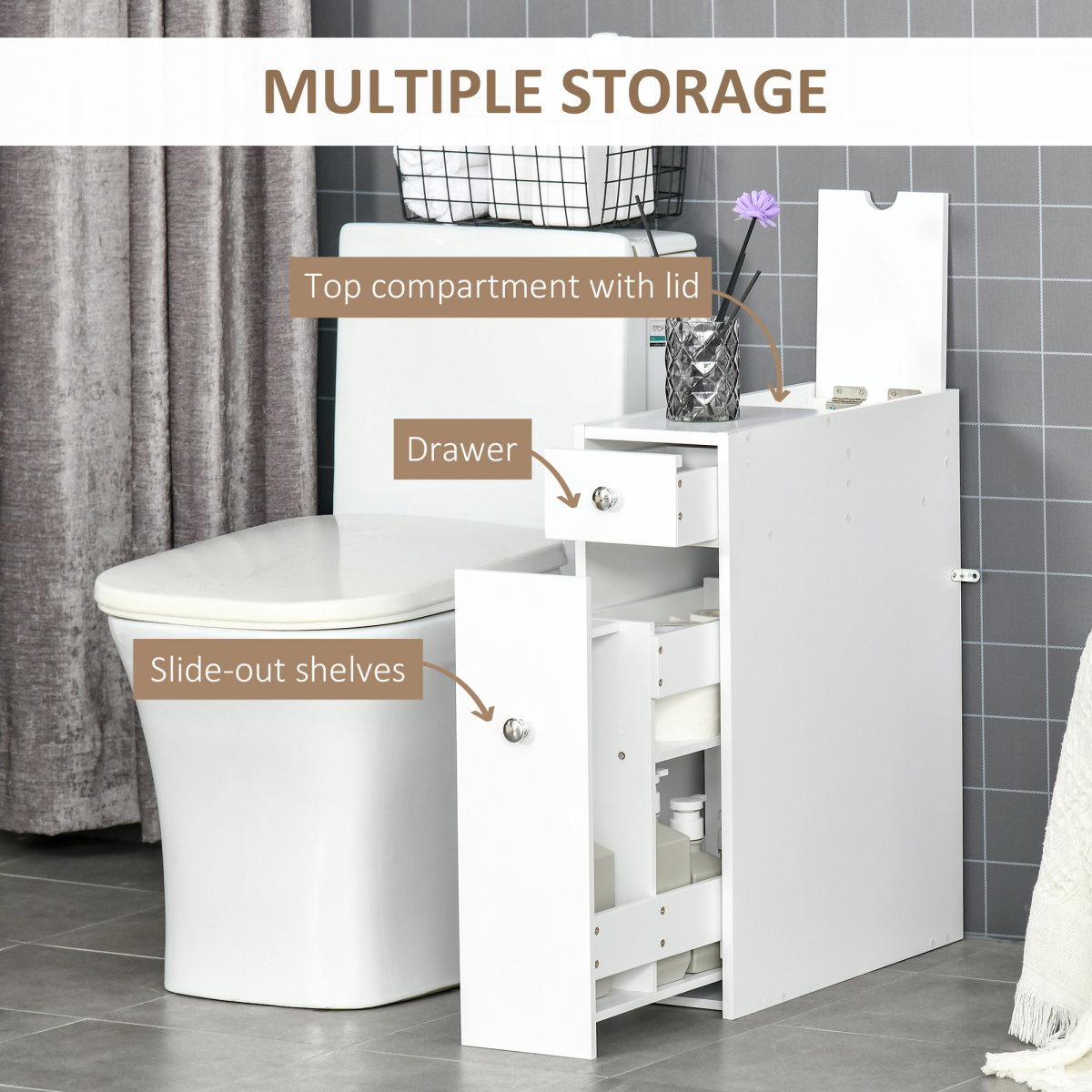 Slim Floor Cabinet Narrow Wooden Storage with Drawers Bathroom White HOMCOM