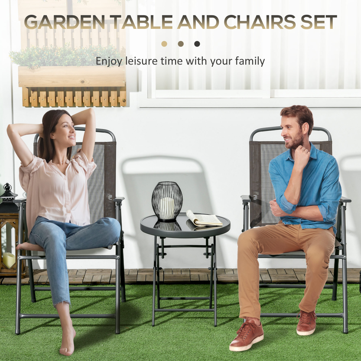 Outsunny Patio Bistro Set Folding Chairs & Coffee Table for Balcony, Brown
