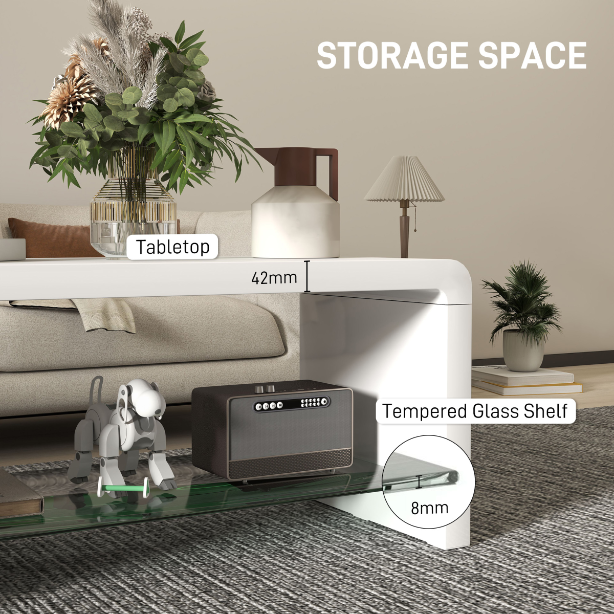 HOMCOM High Gloss Storage Coffee Table, Centre Table for Living Room, White