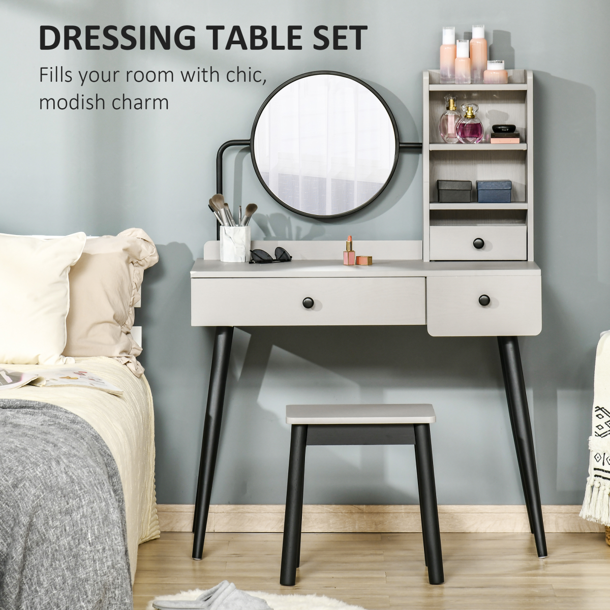 Dressing Table Set with 3 Drawers, Storage shelves and Stool, Grey