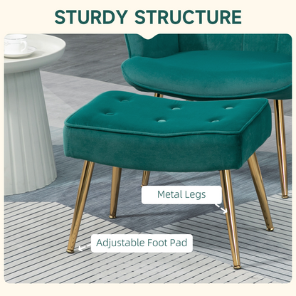 HOMCOM Button Tufted Armchair with Footstool and Gold Tone Steel Legs Dark Green