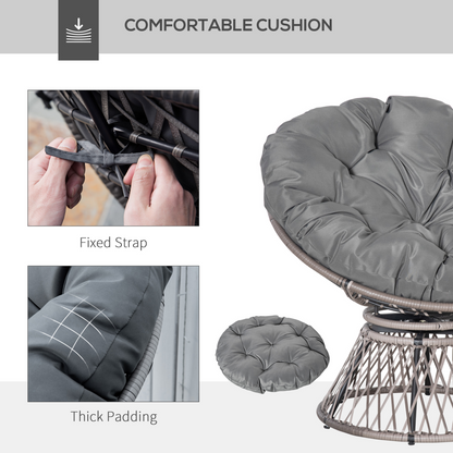 360??Swivel Rattan Papasan Moon Bowl Chair Round Outdoor Padded-Grey Outsunny