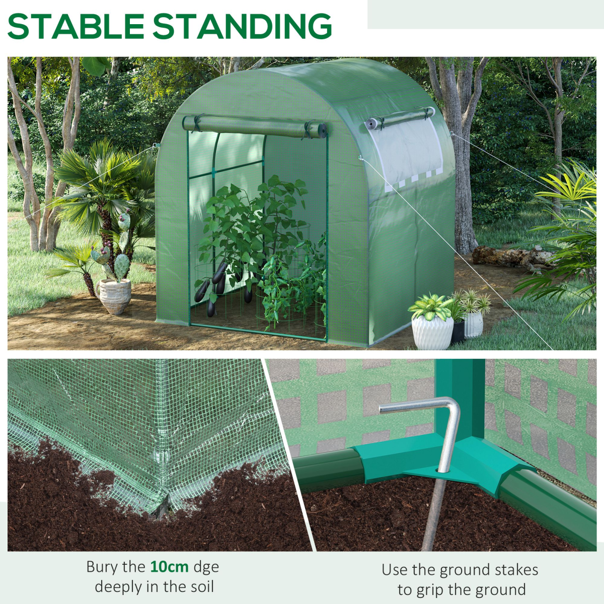 Polytunnel Greenhouse for Garden W/ Mesh Window and Steel Frame, 1.8 x 1.8 x 2 m