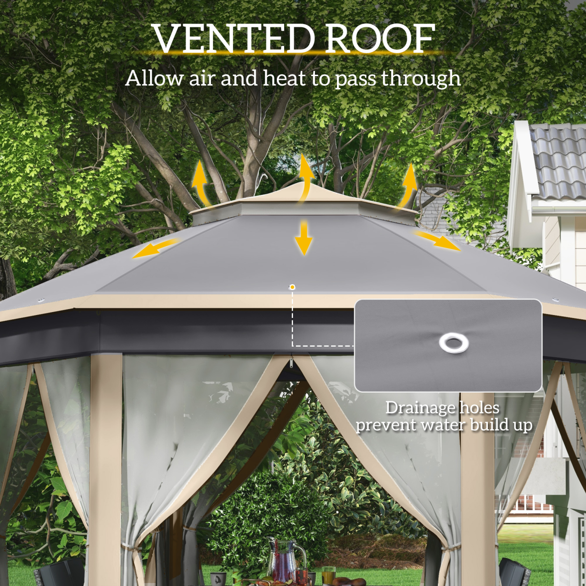 Outsunny 3x4m Hexagon Gazebo w/ Metal Frame Mesh Curtains Outdoor Garden, Khaki