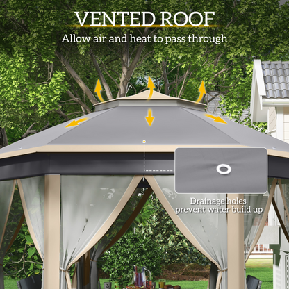 Outsunny 3x4m Hexagon Gazebo w/ Metal Frame Mesh Curtains Outdoor Garden, Khaki