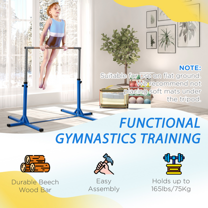 Adjustable Kids Gymnastics Bar Horizontal Training w/ Steel Frame Wood Bar Blue