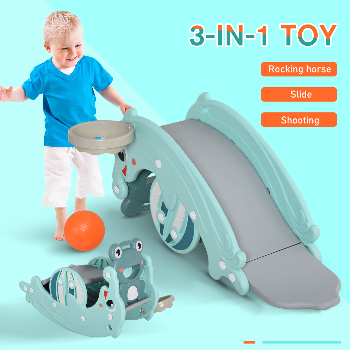 3-in-1 Baby Rocking Horse Portable Slide Basketball Hoop, Age 3-5 HOMCOM