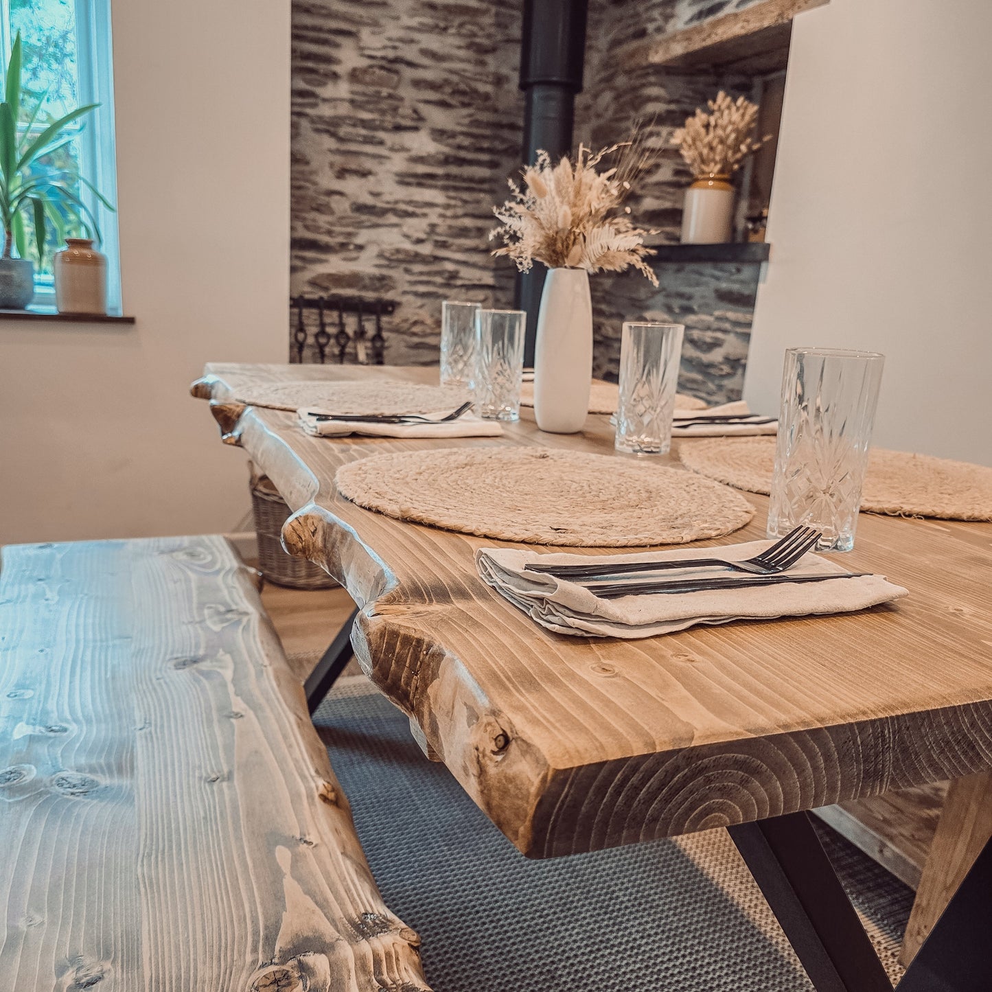 Live / Waney Edge Dining Table With X Cross Metal Legs