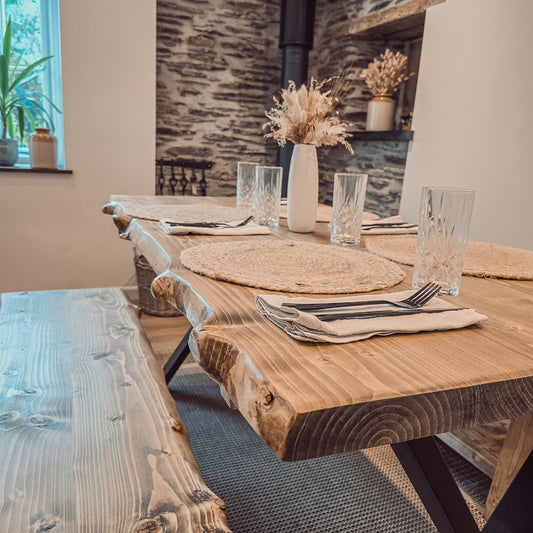 Live / Waney Edge Dining Table With X Cross Metal Legs