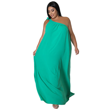 Sleeveless One-shoulder Halter Solid-color Dress Maxi Dress