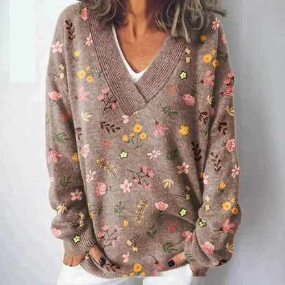 Floral Pattern Printed V-neck Long Sleeve Casual Sweatshirt