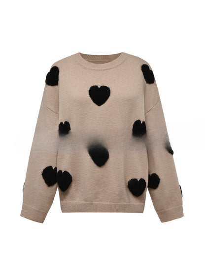 Women's 3D Jacquard Heart Pullover Sweater With Long Sleeves And Light Stretch