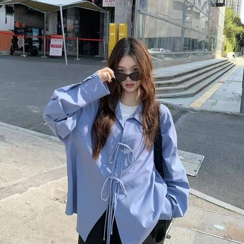 Laid-back Style Bow-Tied Long-Sleeve Shirt