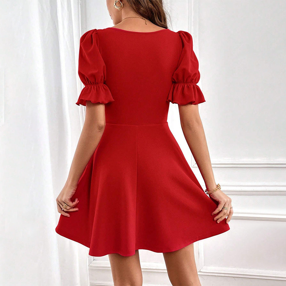 Women's Solid-Color Elegant Slim-fit Short-sleeve Square-neck Red Dress