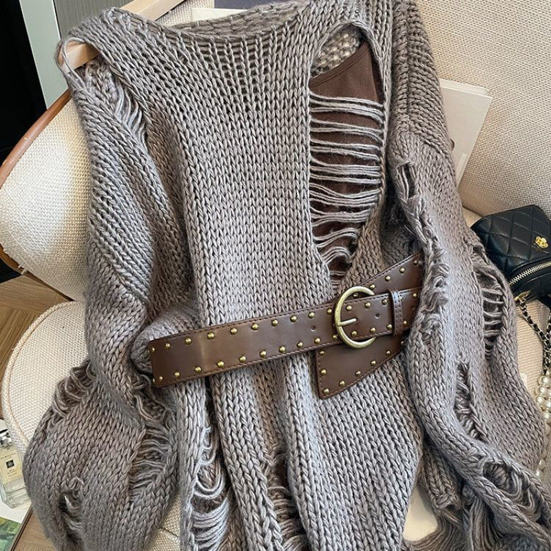 American-style Retro Hollow-out Long-sleeve Sweater With Belt