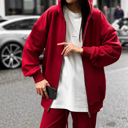 Street Style Long-sleeved Coat And Trousers Two-piece Set