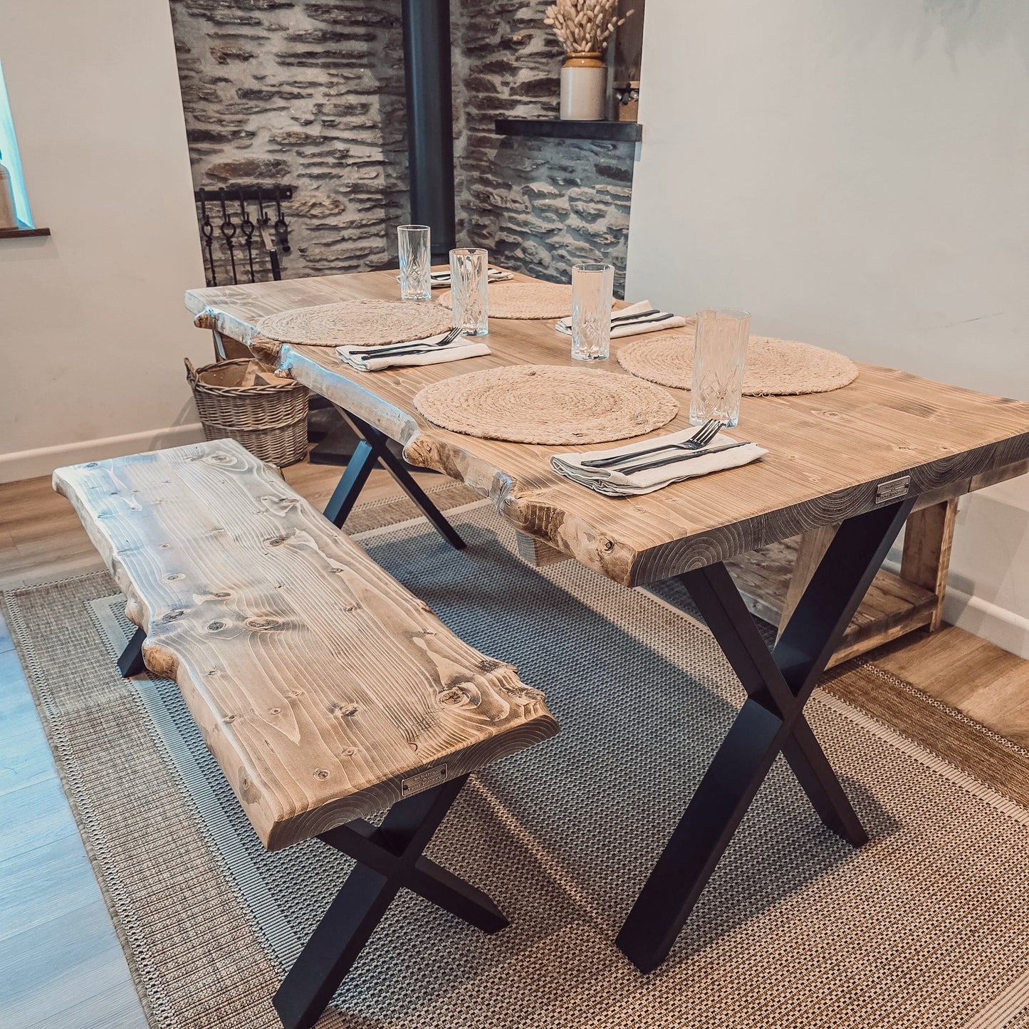 Bench For Dining Table Live / Waney Edge With Metal X Legs